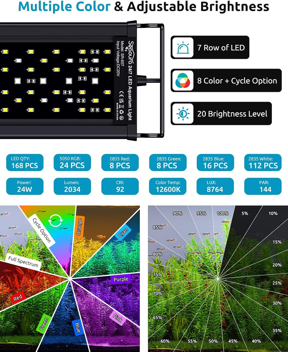 seaoura aquarium led light with 24/7 timer for, side view