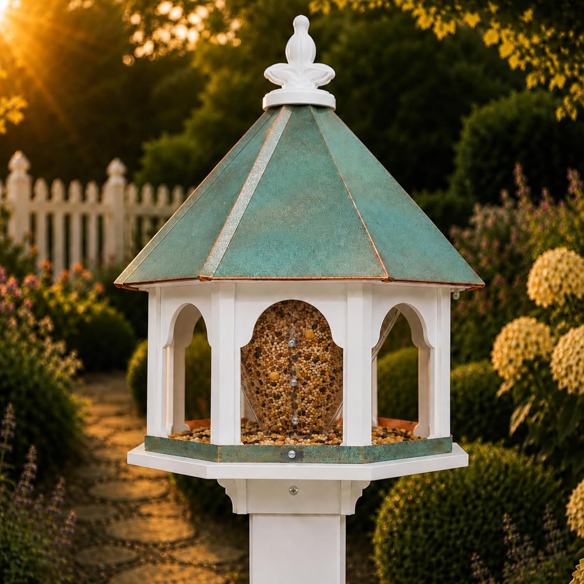 handmade patina copper roof large octagon bird feeder shown in use