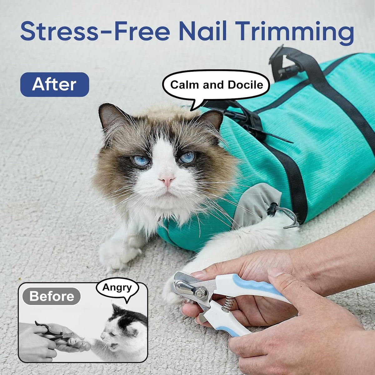 cat carrier pouch, soft cat grooming restraint bag, close-up detail