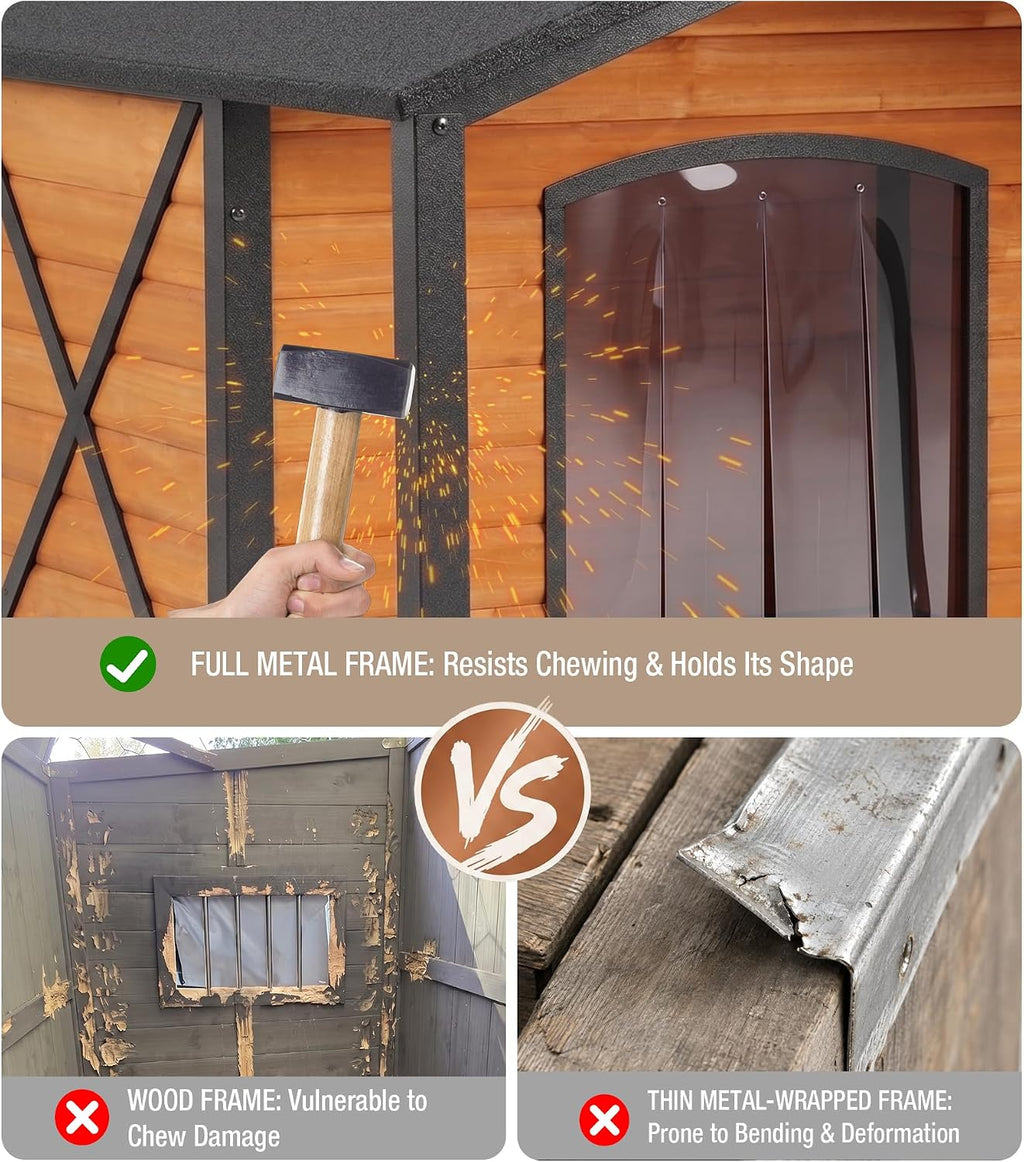 extra large dog house outdoor with full iron, close-up detail