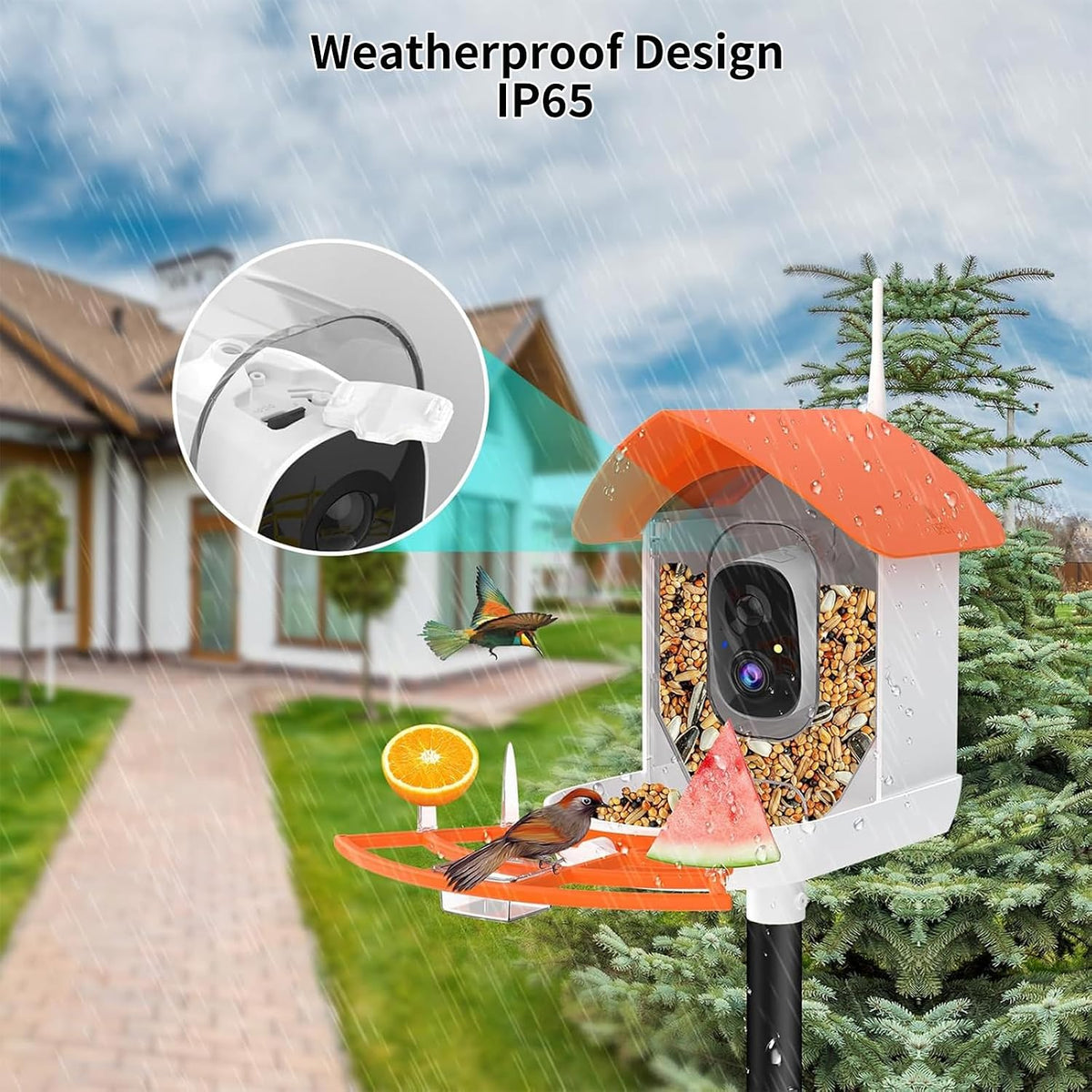 fazoxo bird feeder with camera,birds house camera,solar powered,orange, side view