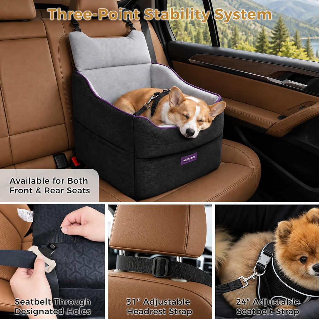 elevated dog car seat, dog booster car seat, close-up detail