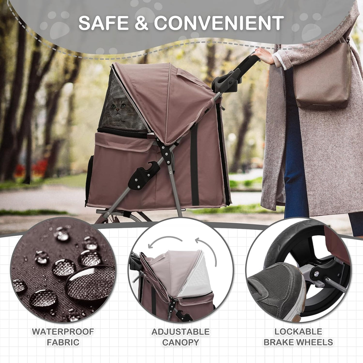 pet stroller for small/medium cats and dogs, coffee shown in use