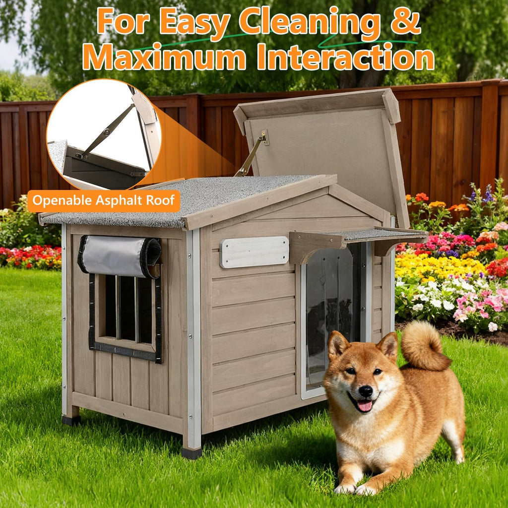 dog house outdoor with openable roof for small shown in use