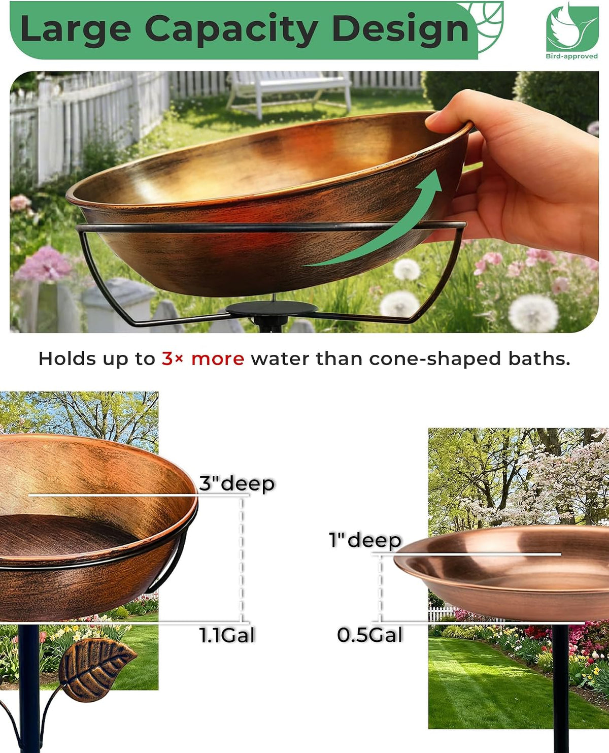 12" metal bird bath for outside, 3" deep shown in use