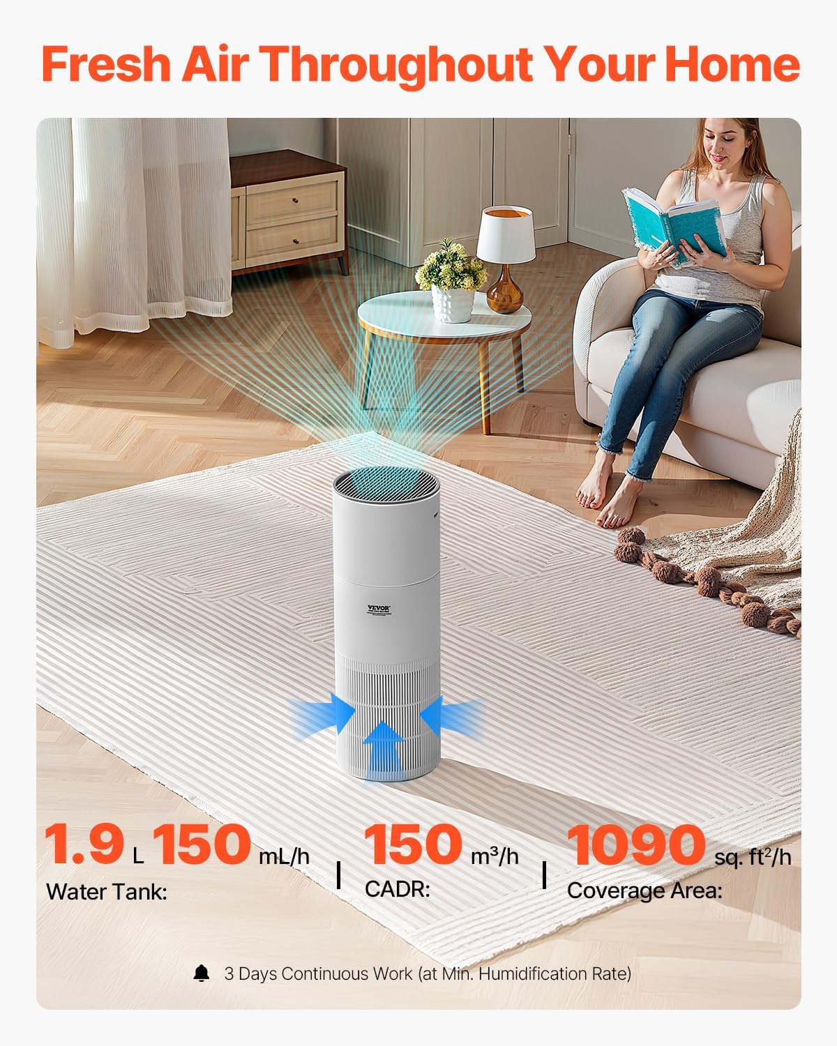 vevor 2 in 1 air purifier with humidifier shown in use