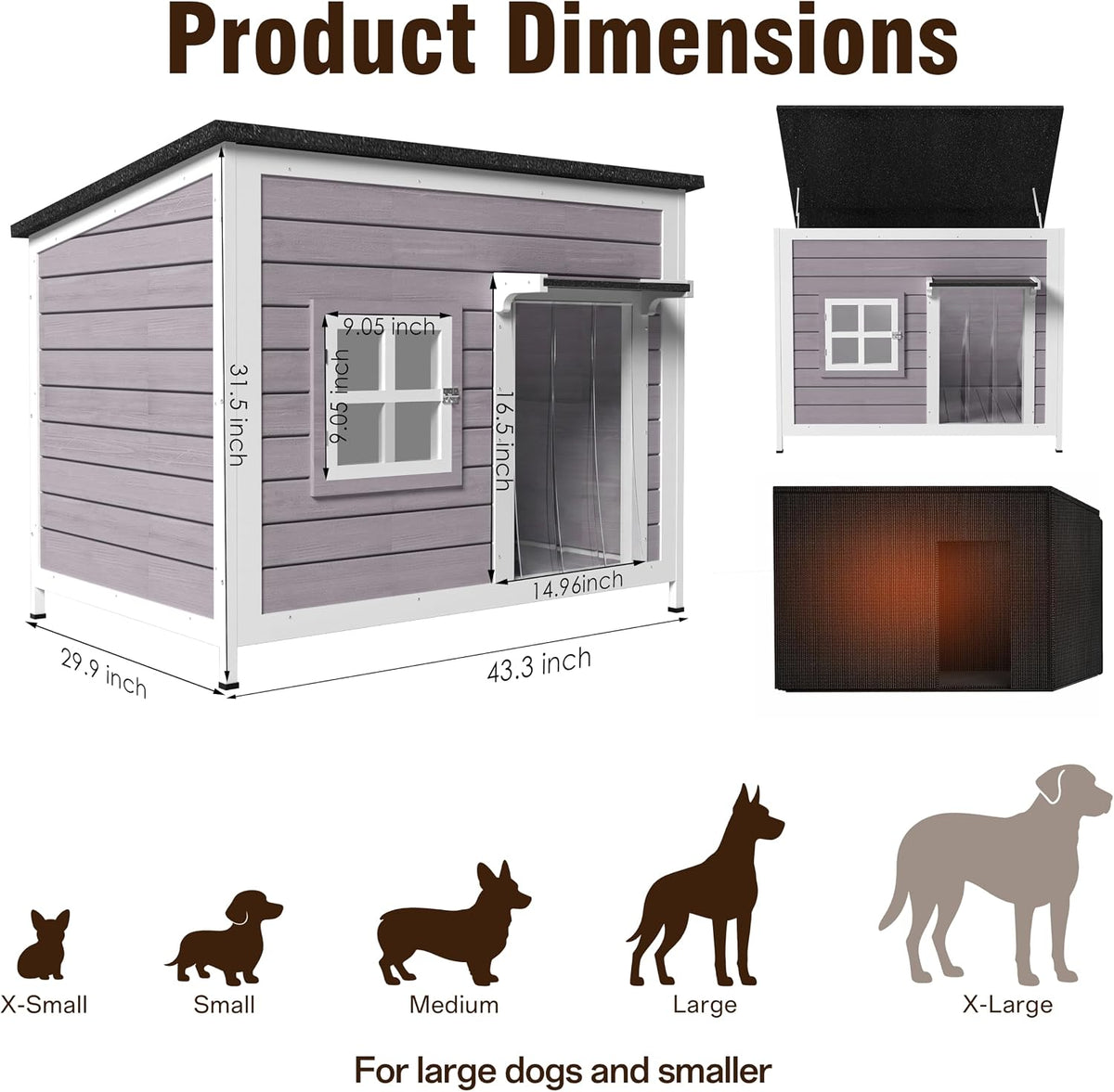 43" insulated large outdoor dog house, grey shown in use