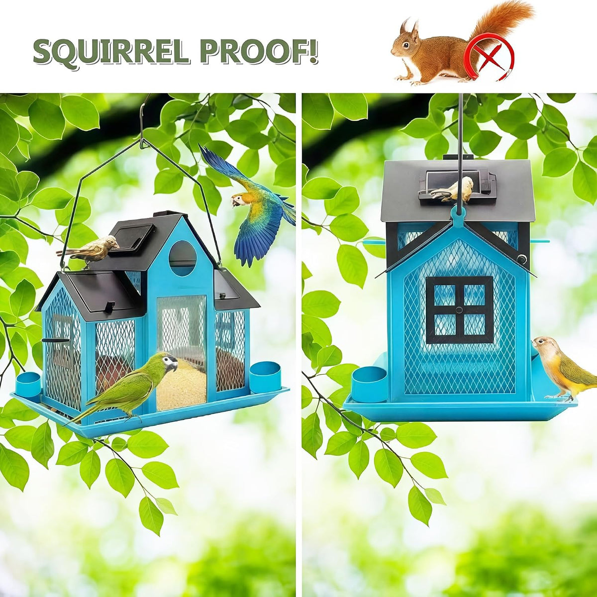 solar bird feeders house for outside hanging, metal showing dimensions