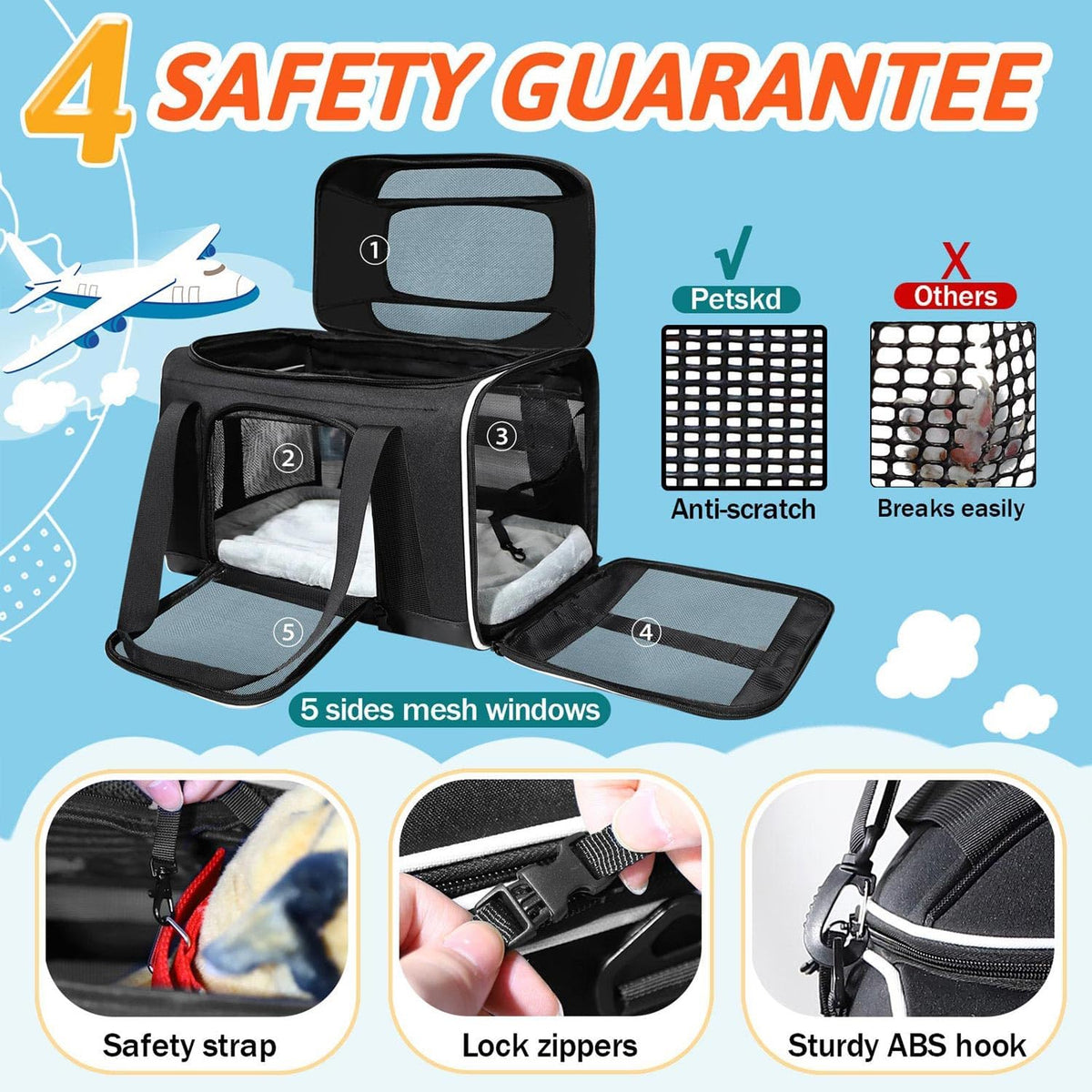 petskd top-expandable small pet carrier 17"x11"x9.5" airline approved showing dimensions
