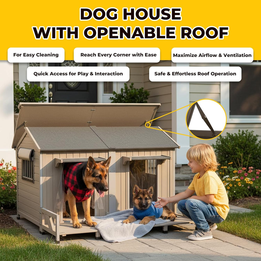 extra large outdoor dog house with balcony, weatherproof, close-up detail