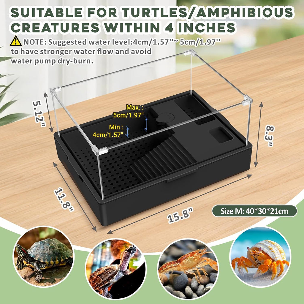 gozilla small turtle tank kit+water pump+lamp, acrylic turtle shown in use