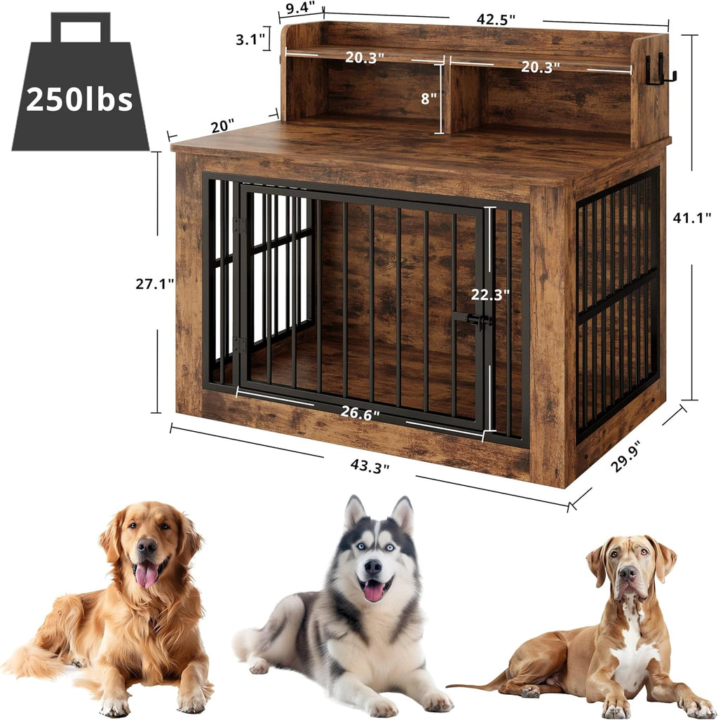 ironck dog crate furniture, 43.3 inches wooden large shown in use
