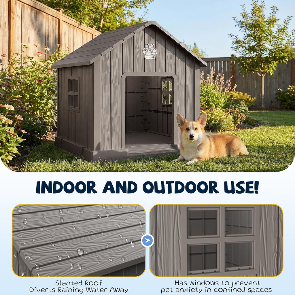 vixzen dog house outdoor, 31 inches weatherproof resin shown in use