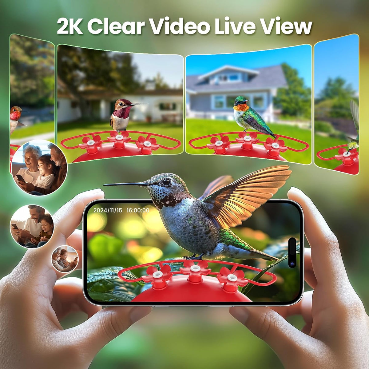 soliom hummingbird feeder with camera for outdoors, 2k shown in use