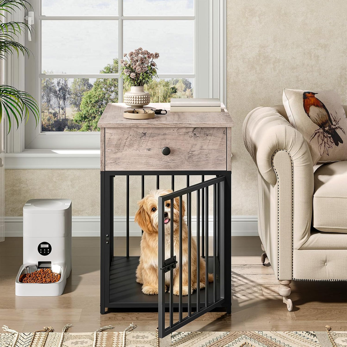 hoobro dog crate furniture, wooden dog house, decorative, close-up detail