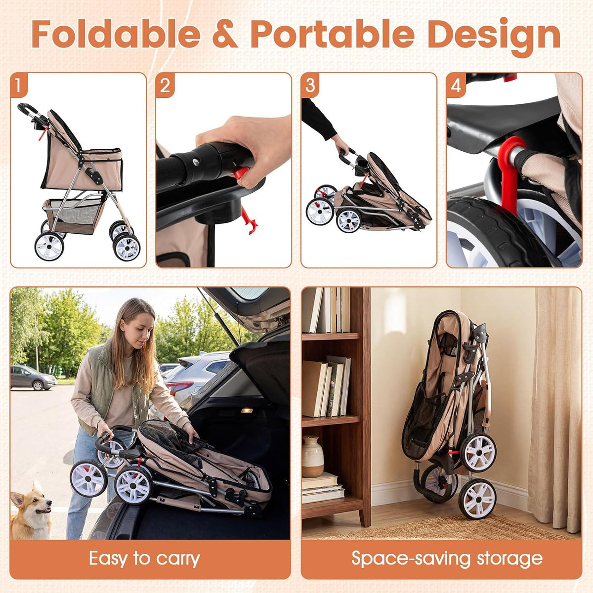 petsite 4 wheels pet stroller, foldable dog strollers on a desk or shelf