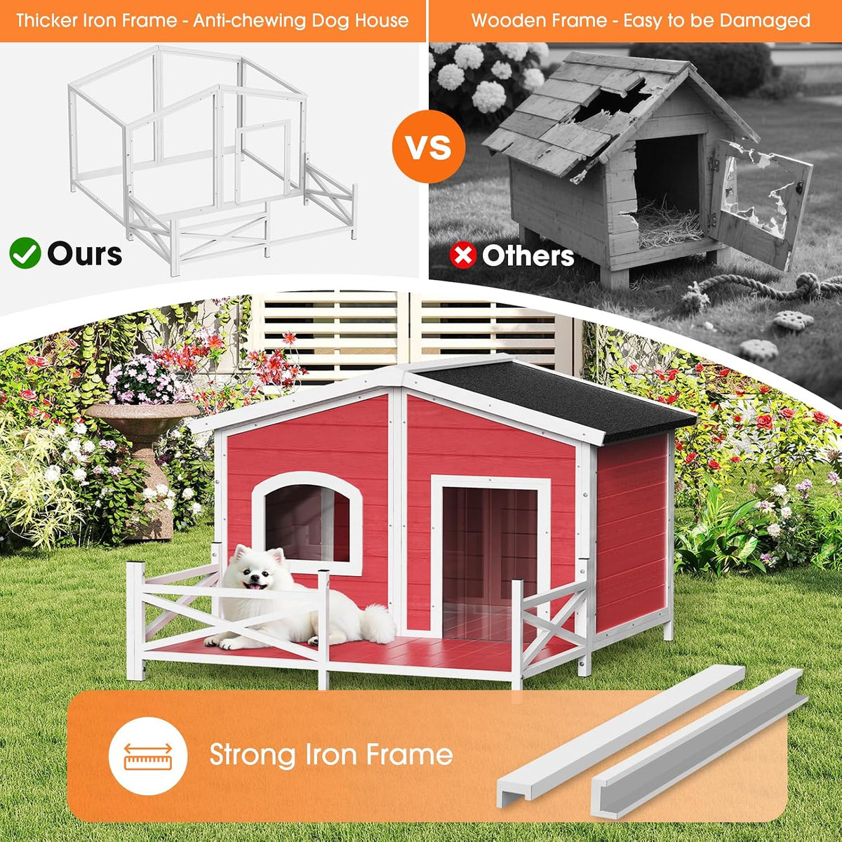 large dog house with porch, outdoor dog house showing dimensions