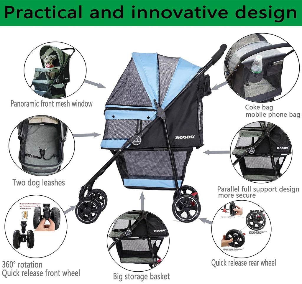 roodo 4 wheel dog cat pet stroller best showing dimensions