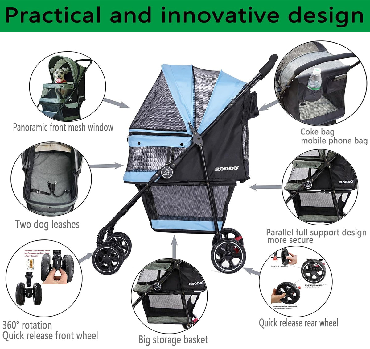 roodo 4 wheel dog cat pet stroller best showing dimensions