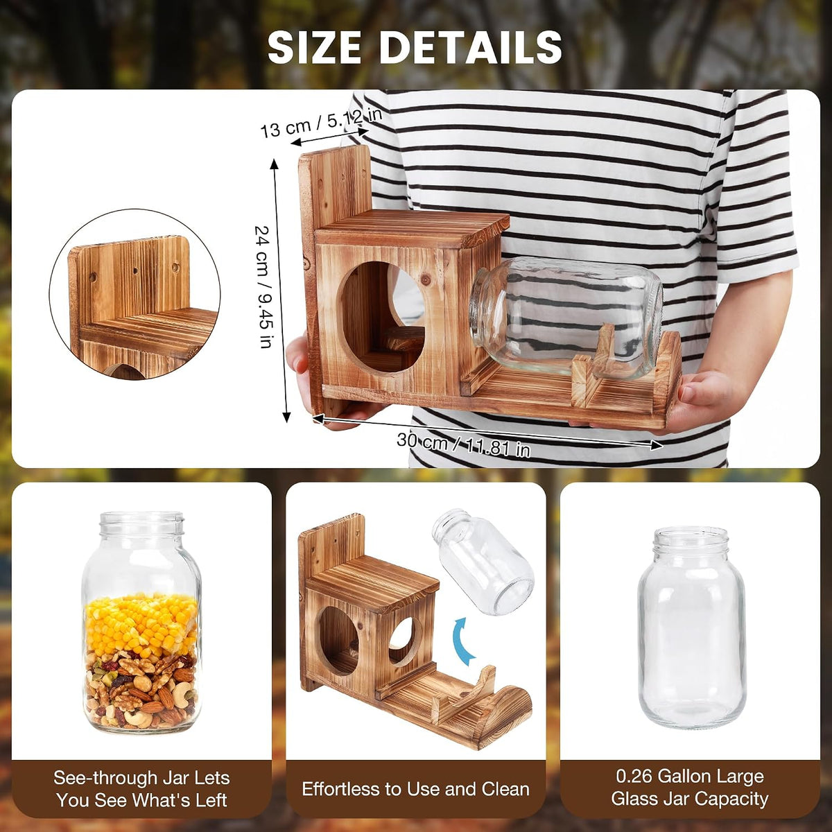 wooden squirrel feeder with glass jar, outdoor chipmunk shown in use