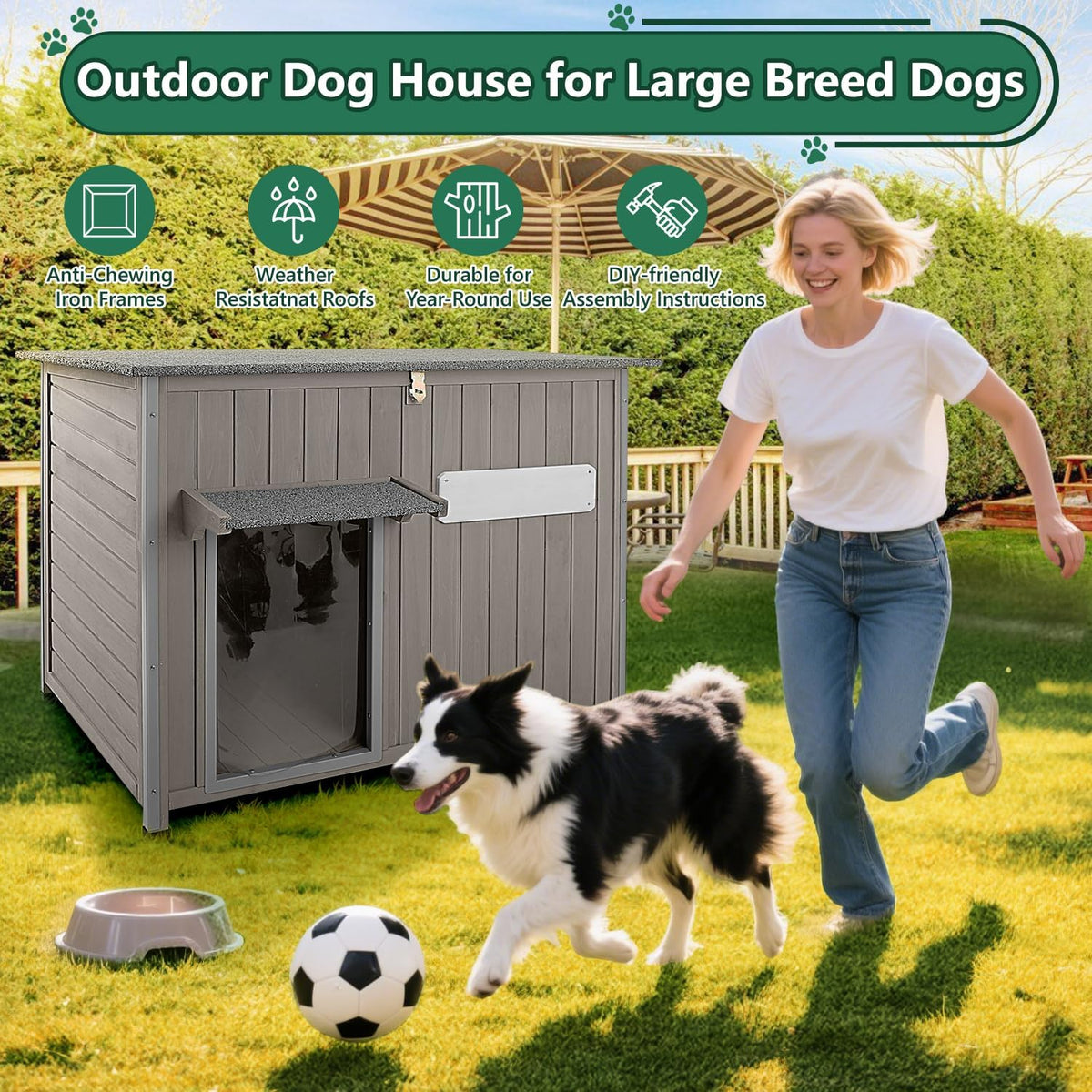 petscosset 43.3" l large outdoor dog house weatherproof shown in use