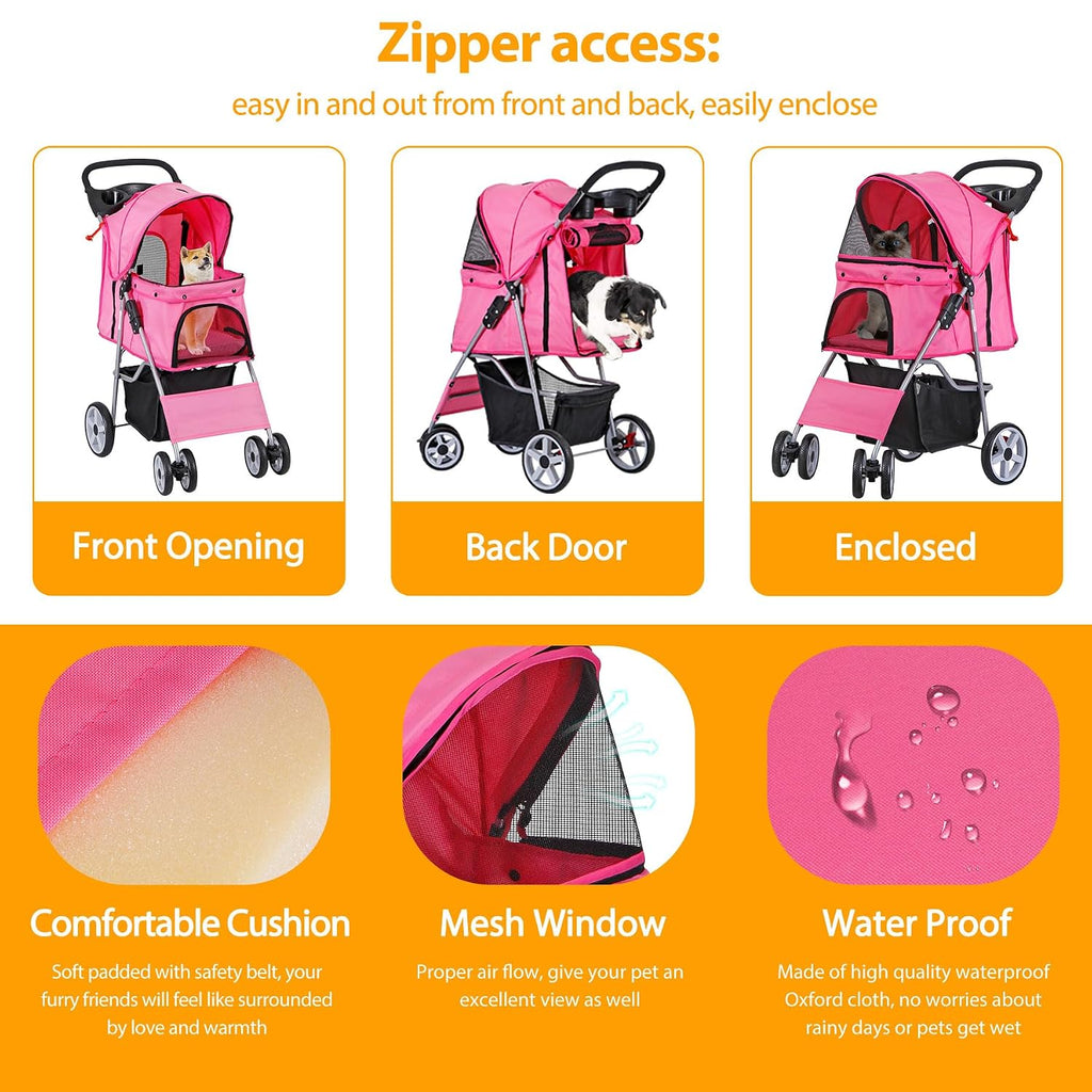 4 wheels dog stroller folding pet strolling cart showing dimensions