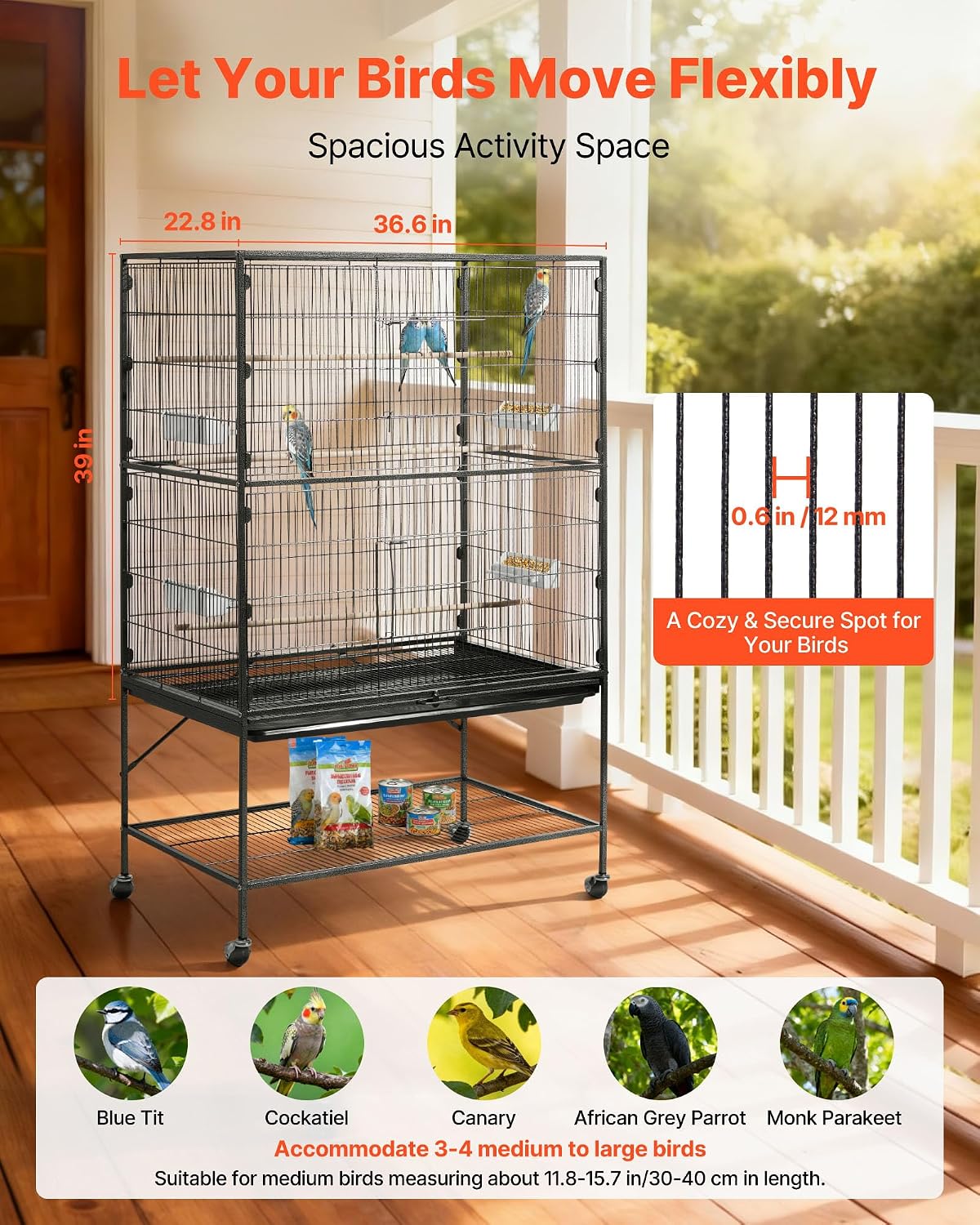 vevor bird cage, 36.6 x 22.8 x 59.5 shown in use