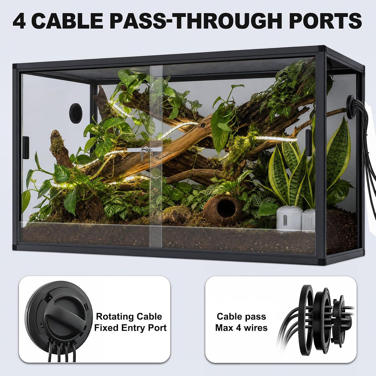 120 gallon reptile tank, 48"x24"x24" front opening reptile showing dimensions