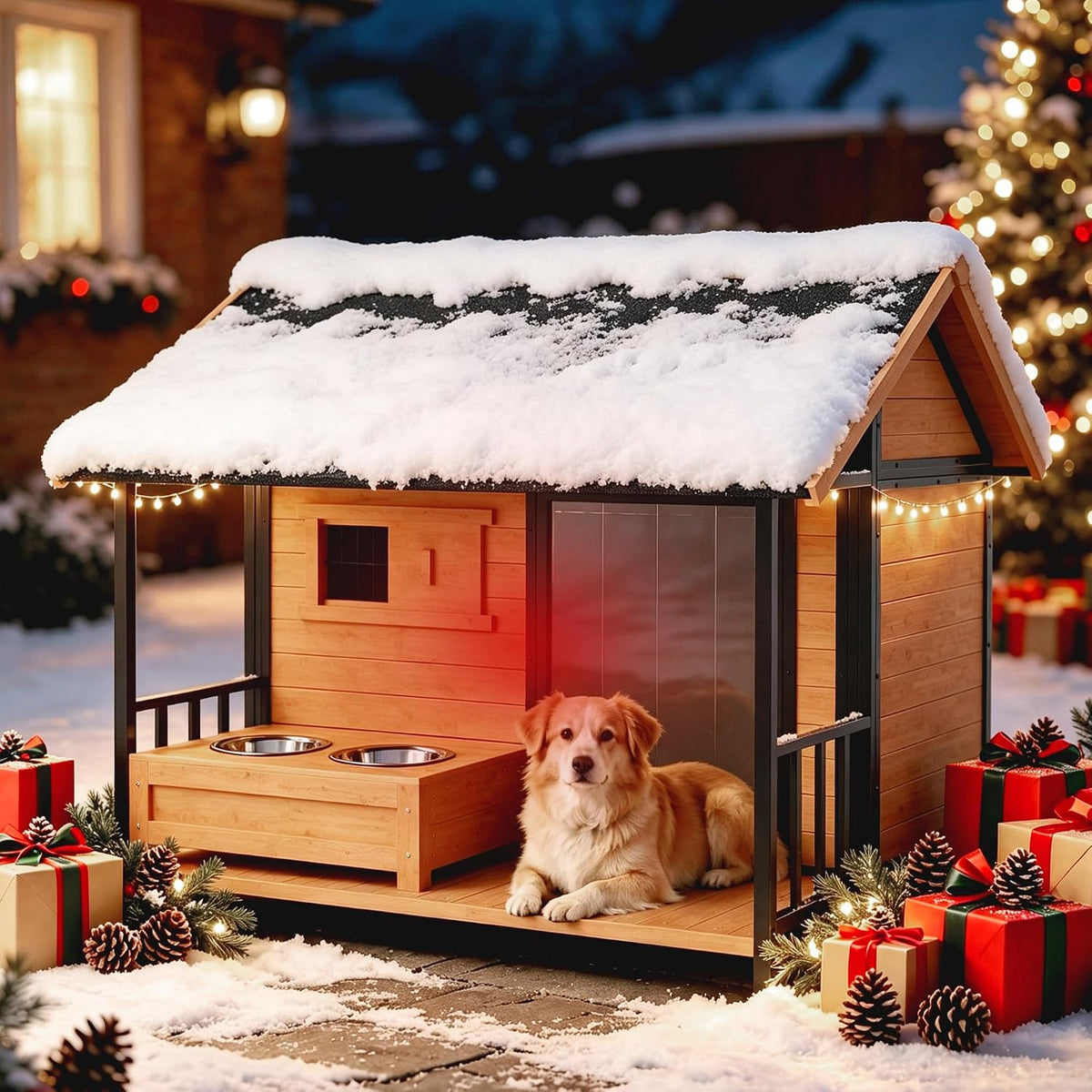 large dog house with porch & dog bowls on a desk or shelf