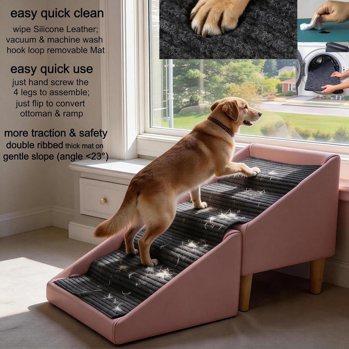 foldable dog cat stair ramp solid wood ottoman showing dimensions