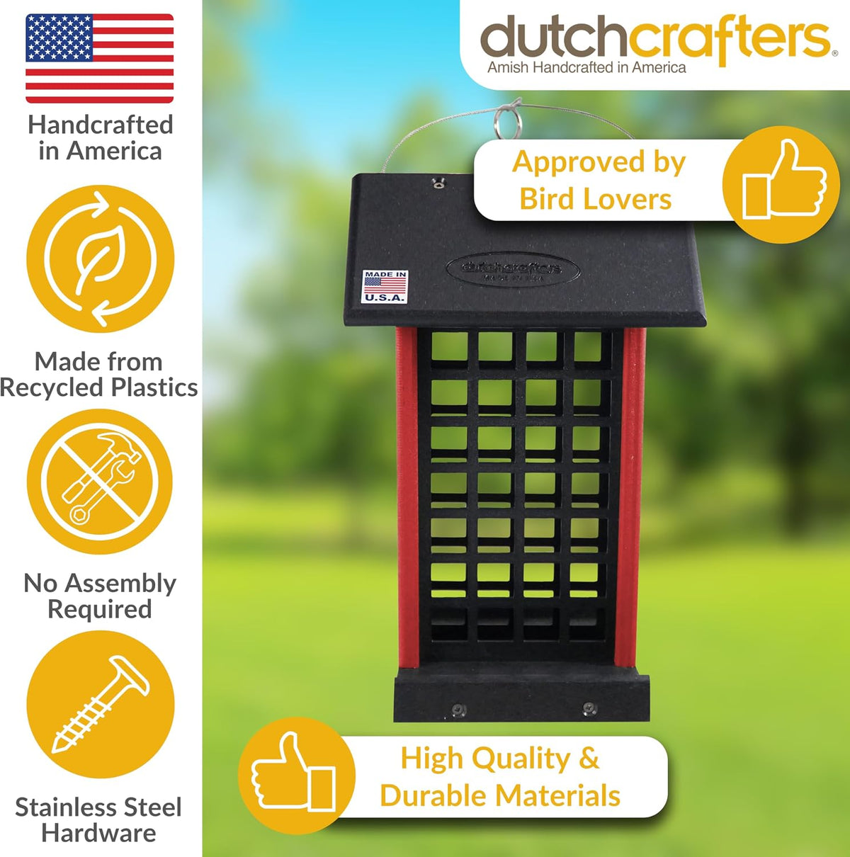 dutchcrafters plastic poly hanging whole peanut bird feeder, side view