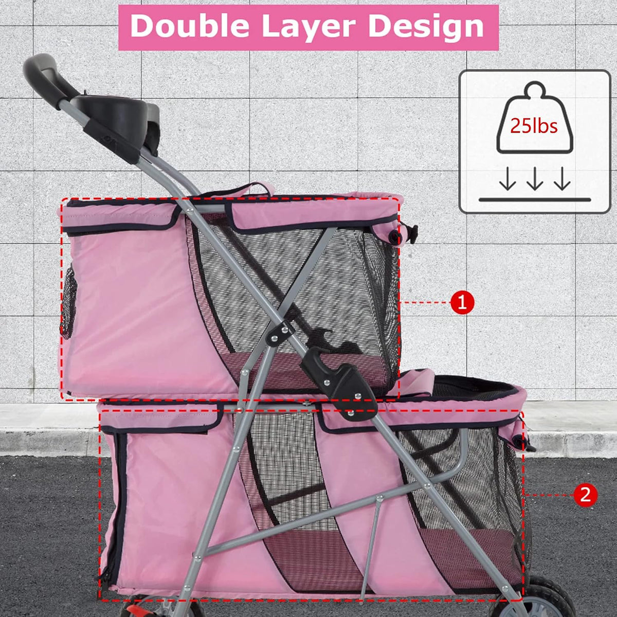 double layer dog stroller for 2 small dogs/cats shown in use