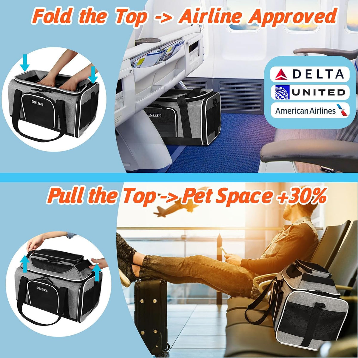 petskd top-expandable small pet carrier 18"x11"x11" airline approved shown in use