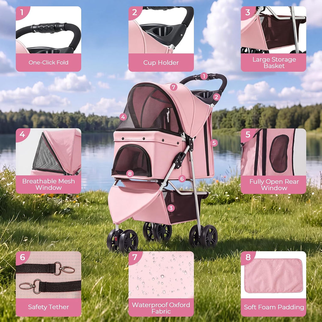 pet stroller for small medium cats dogs, 3-wheel, close-up detail