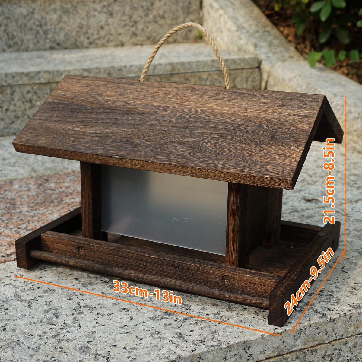 hanging wooden bird feeder outdoor large capacity wood, close-up detail