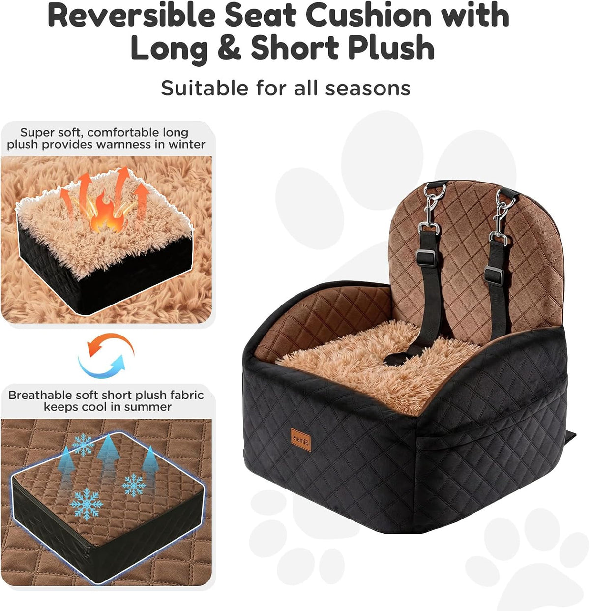 gimars reversible dog car seat with long&short plush showing dimensions