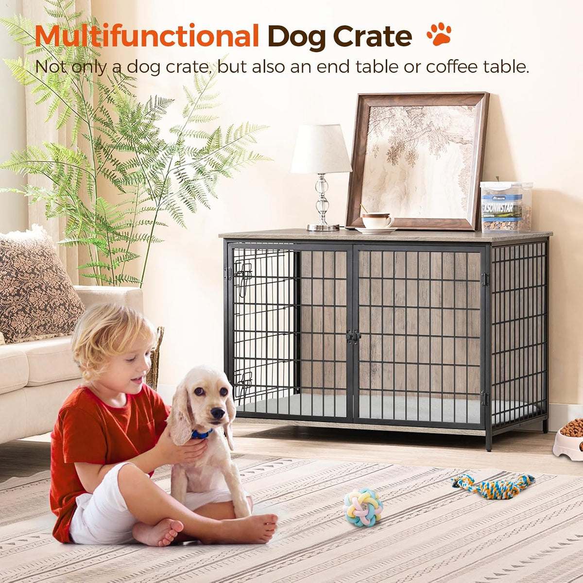 mahancris dog crate furniture with cushion, wooden dog shown in use