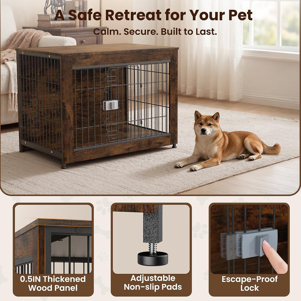 wooden dog crate furniture 32" for high anxiety, side view