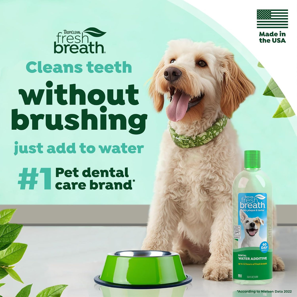 tropiclean fresh breath water additive, dog breath freshener shown in use