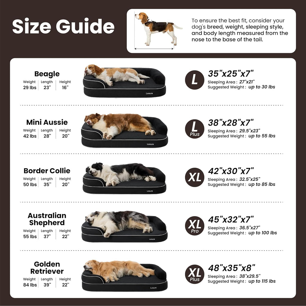 le sure realortho™ xl 3-layer orthopedic dog beds showing dimensions