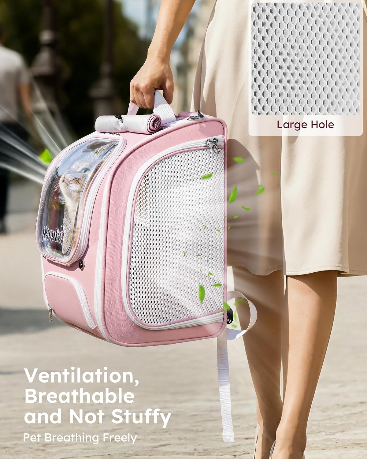 pecute cat backpack carrier,large space cat bubble backpack,ergonomic,pink, close-up detail