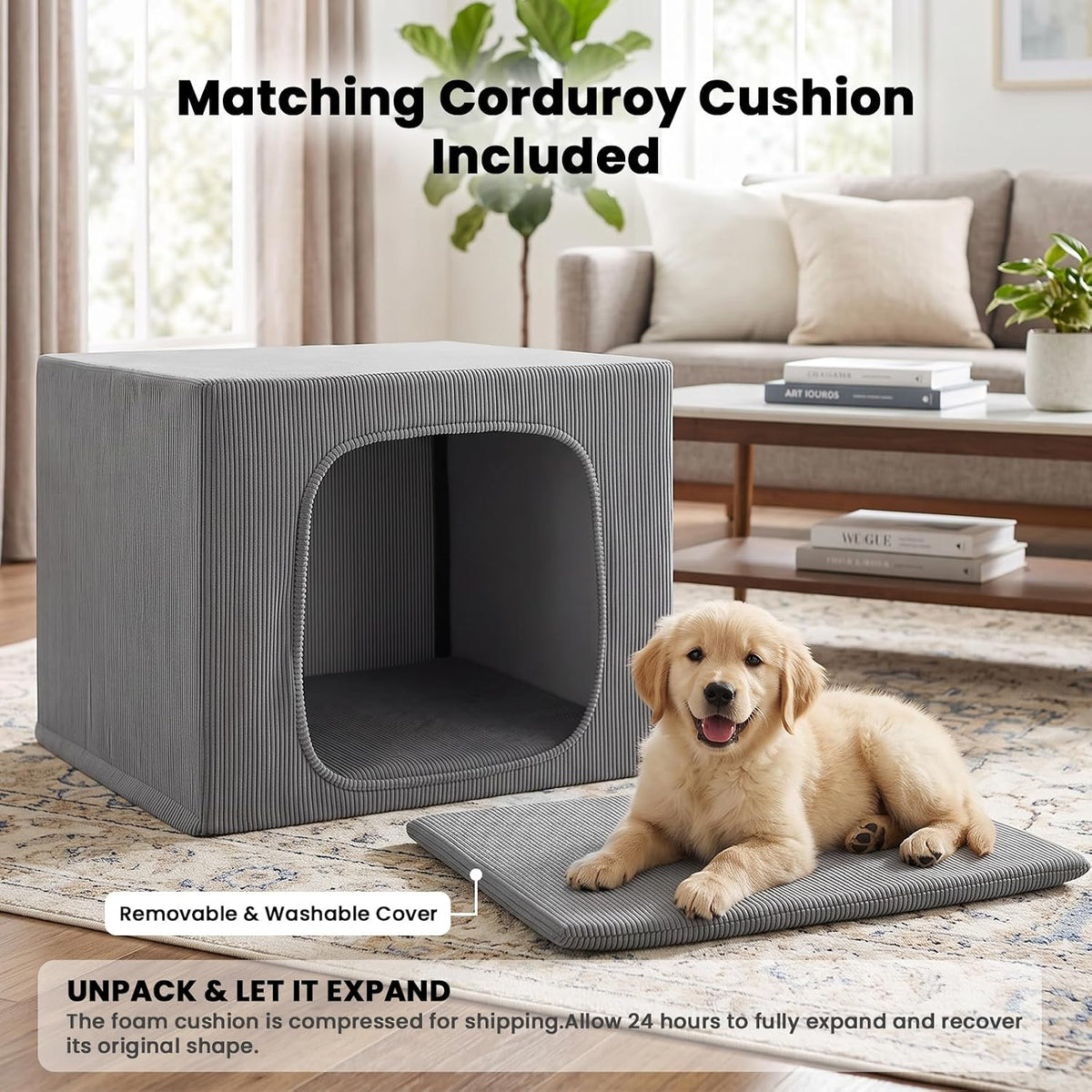 indoor dog house for small medium dogs, corduroy, close-up detail