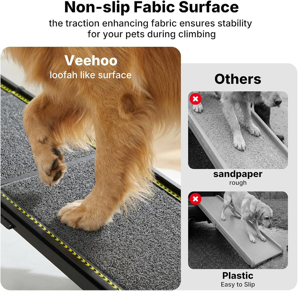 veehoo telescoping large dog ramp for car truck showing dimensions