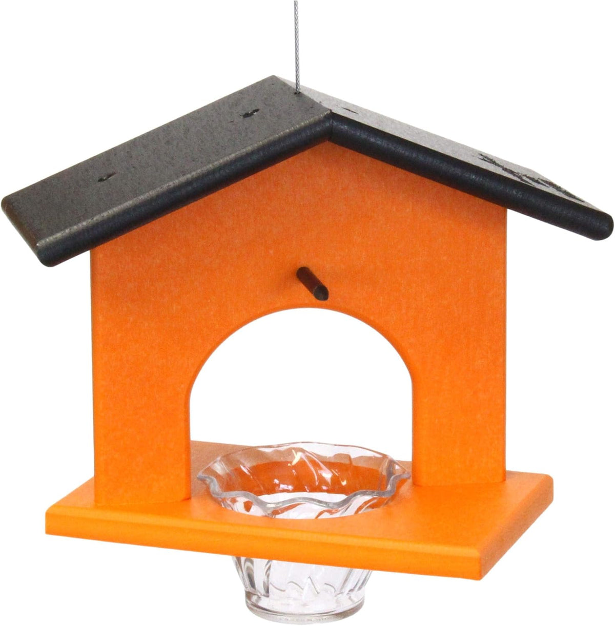 oriole bird feeder, for feeding grape jelly, black/orange shown in use