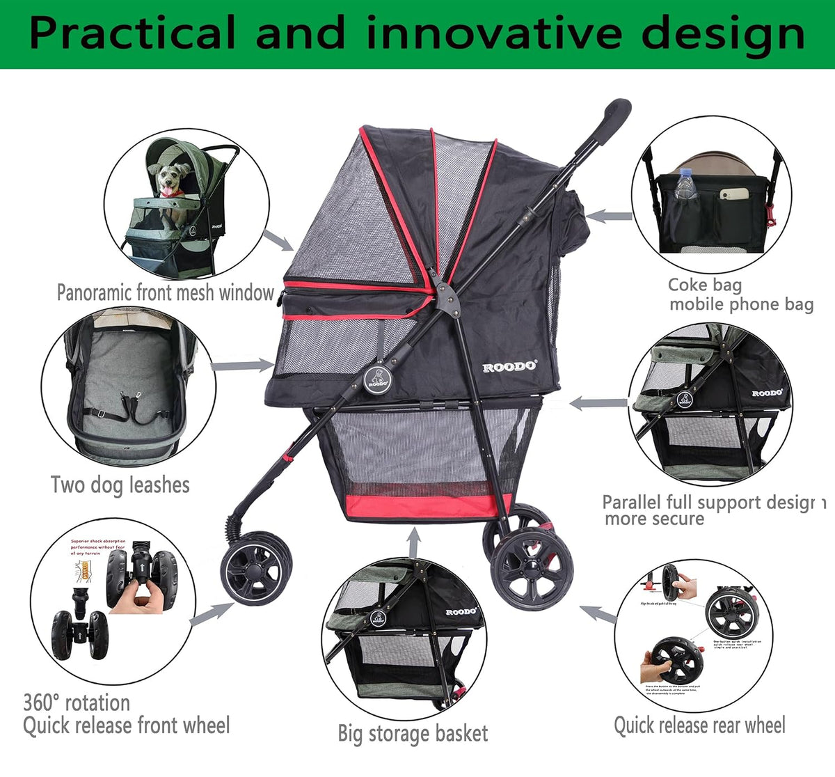 roodo escort 3 wheel dog cat pet stroller, package contents
