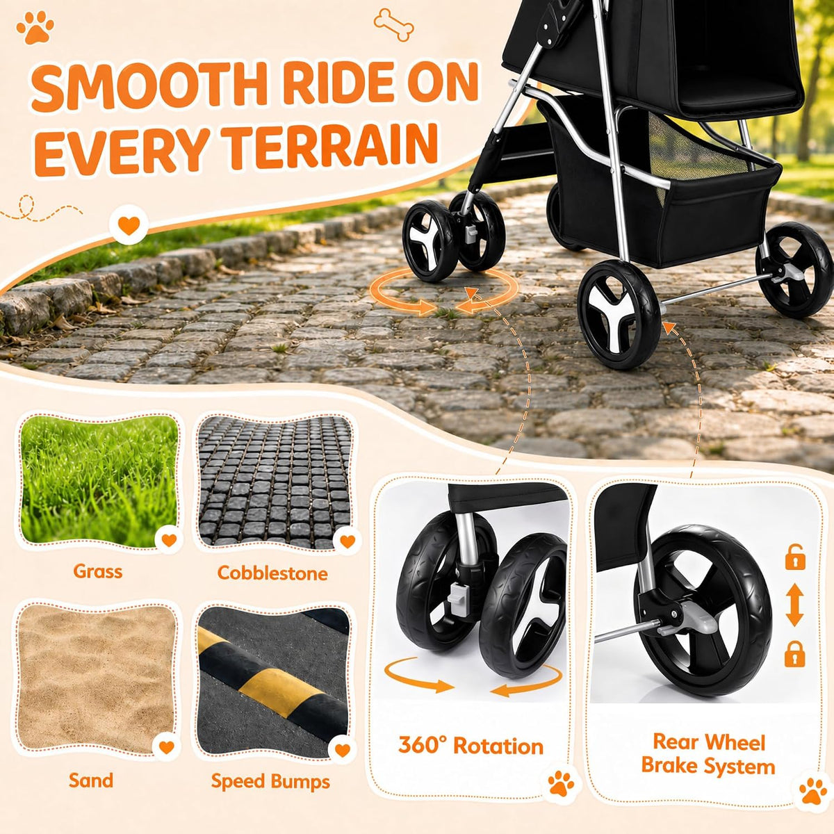 zeny foldable pet stroller, cat/dog stroller with 4, close-up detail