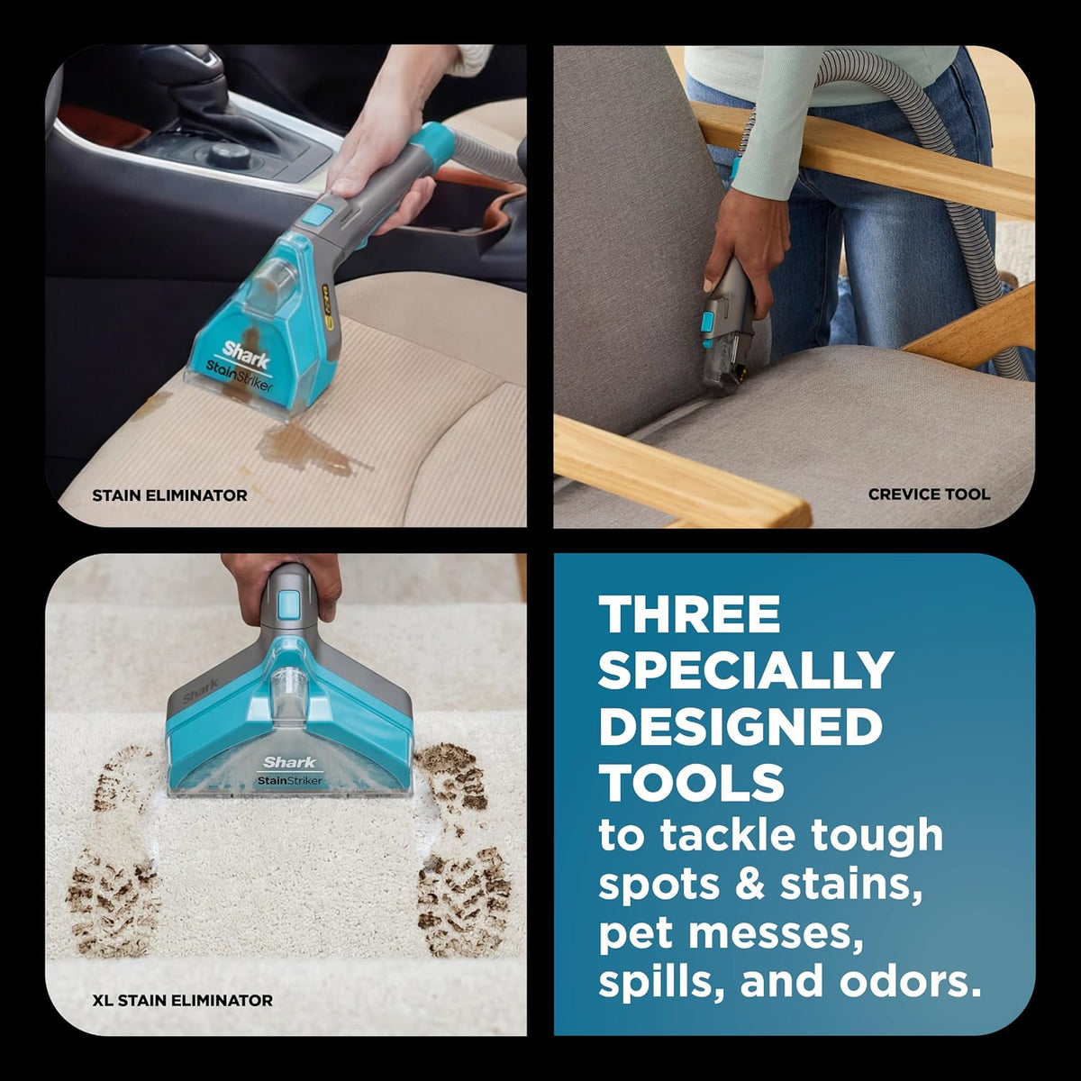 shark stainstriker hairpro portable stain cleaner, 3 tools, front angle view