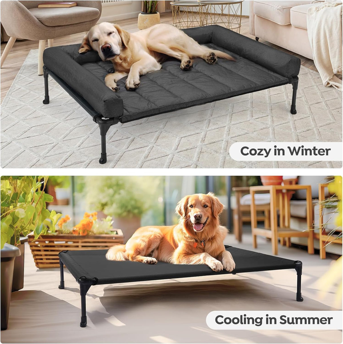 veehoo outdoor elevated dog bed with waterproof bolster showing dimensions