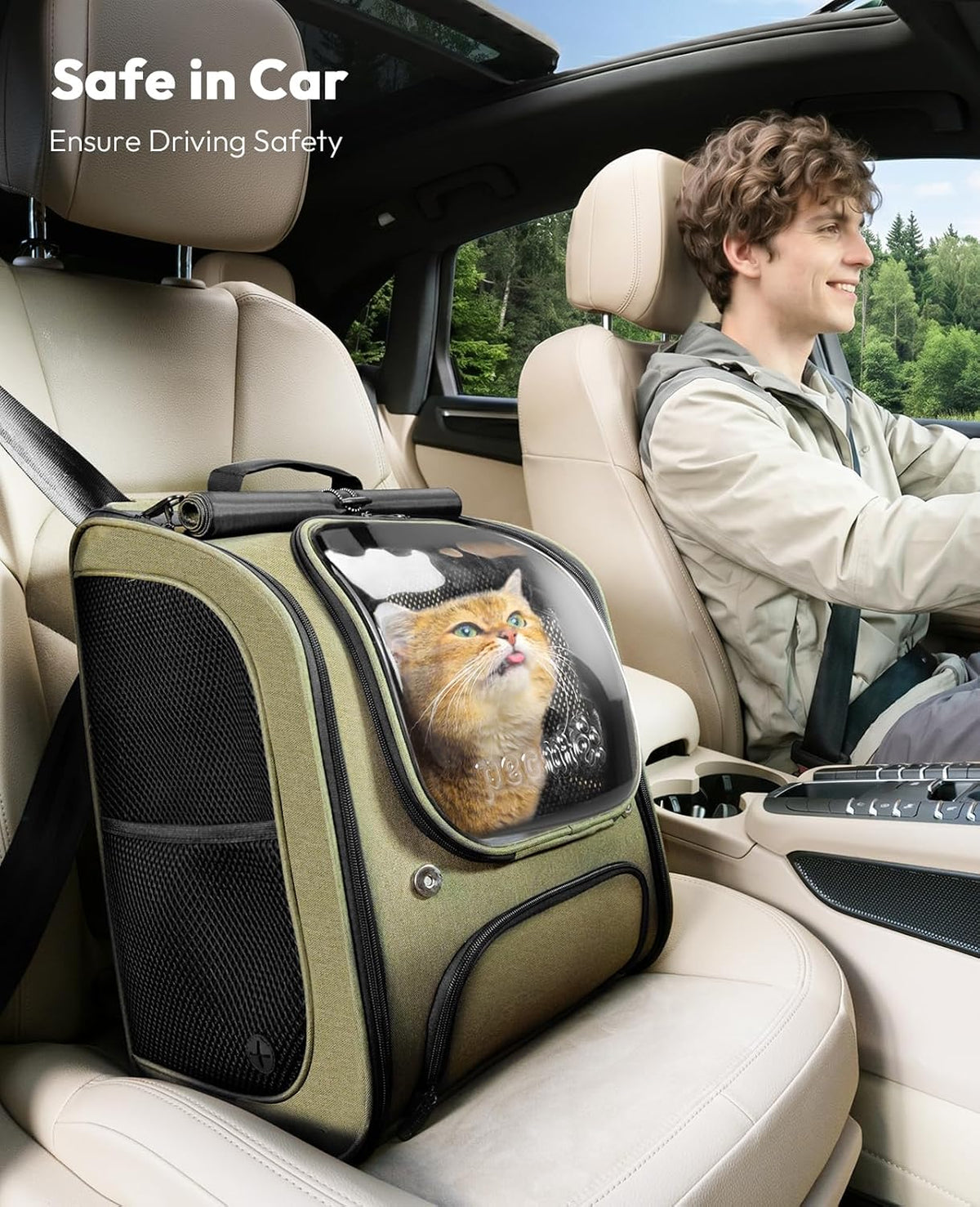 pecute cat backpack carrier,large space cat bubble backpack,ergonomic,green, front angle view
