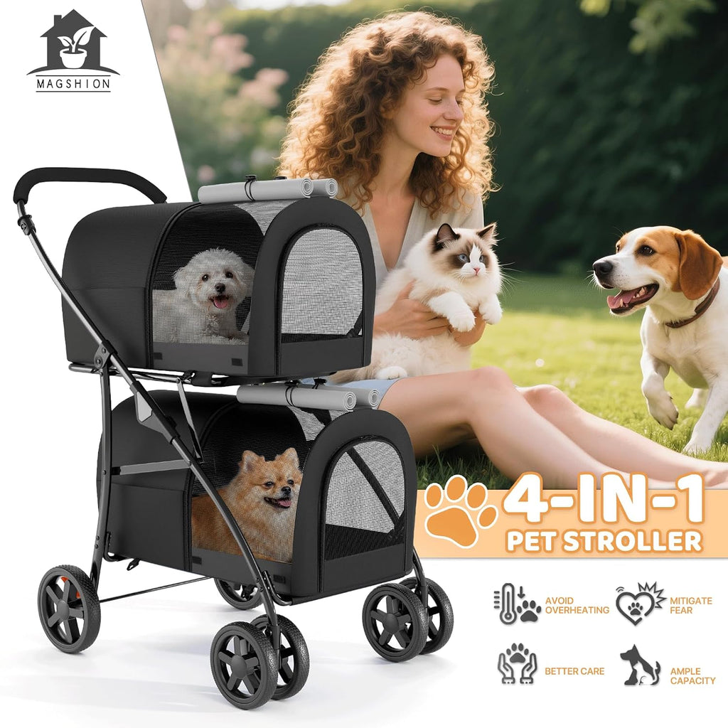 magshion double pet strollers for 2 dogs & shown in use